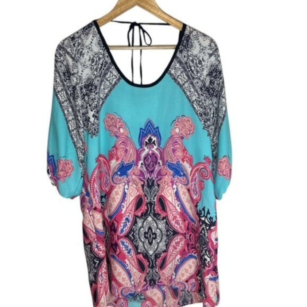 Charlotte Russe Paisley Medallion Tie Back Blouse Turquoise Pink Medium USA